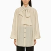 Balmain Printed Pussy Bow Silk Blouse In Beige