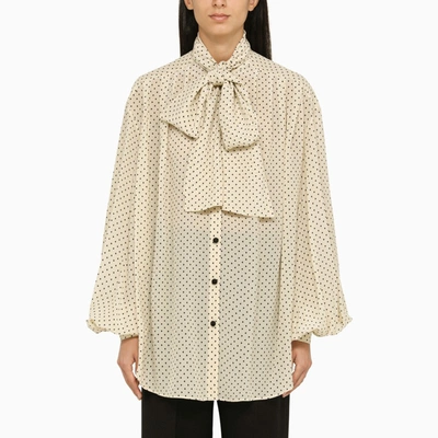 Balmain Printed Pussy Bow Silk Blouse In Beige