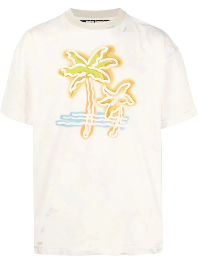 Palm Angels Palm Tree-print Jersey T-shirt In Beige