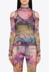 Andersson Bell Cold-shoulder Sheer Graphic-print Top In Multicolor