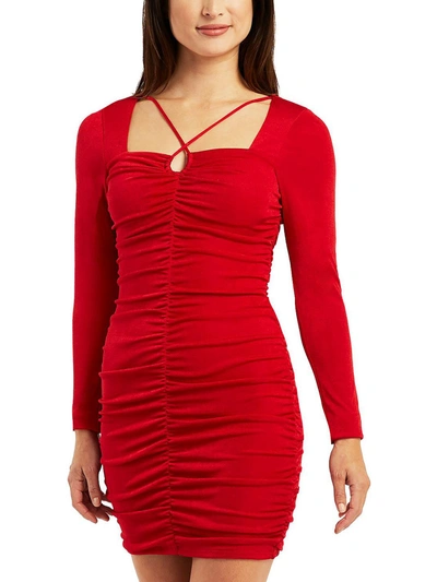 Bcx Juniors' Long-sleeve Ruched Bodycon Keyhole Dress In Red Red