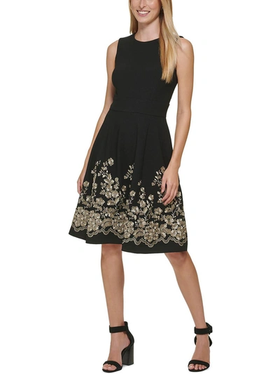 Calvin Klein Petites Womens Embroidered Mini Fit & Flare Dress In Black