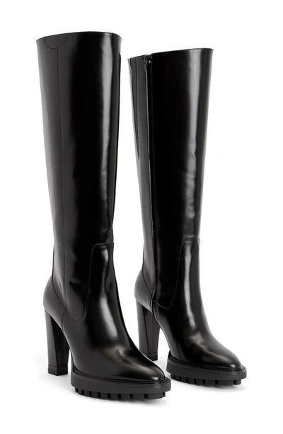 Allsaints Womens Black Shine Harlem Platform-sole Heeled Leather Knee-high Boots