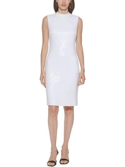 Calvin Klein Womens Sequined Mock-neck Sheath Dress In White