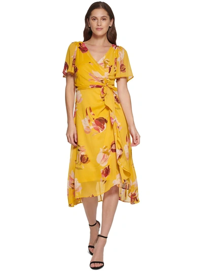 Dkny Womens Chiffon Floral Fit & Flare Dress In Yellow