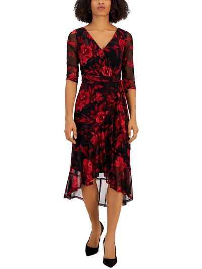 Connected Apparel Womens Mesh Floral Fit & Flare Dress In Red