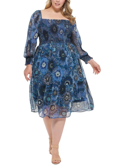 Vince Camuto Plus Womens Printed Calf Midi Dress In Blue