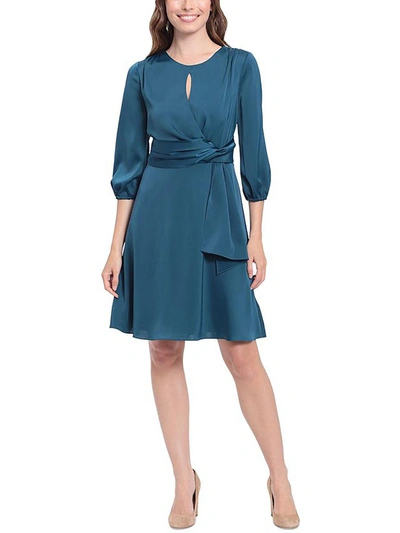 London Times Petites Womens Satin Mini Fit & Flare Dress In Blue