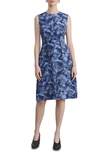 Lafayette 148 Sleeveless Brushstroke-print Darted Midi Dress In Blue Iris Multi