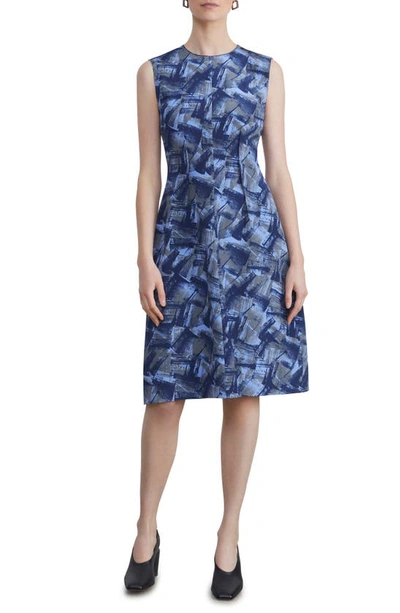 Lafayette 148 Sleeveless Brushstroke-print Darted Midi Dress In Blue Iris