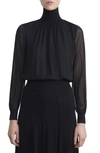 Lafayette 148 Turtleneck Blouson-sleeve Silk Georgette Blouse In Black