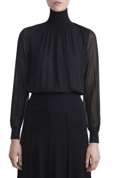 Lafayette 148 Turtleneck Blouson-sleeve Silk Georgette Blouse In Black