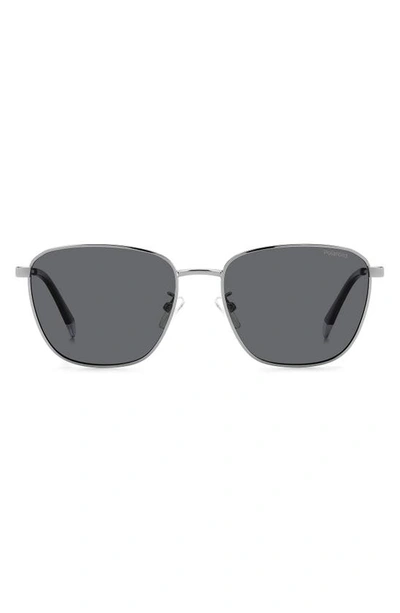 Polaroid 56mm Polarized Rectangular Sunglasses In Ruthenium/ Grey Polarized