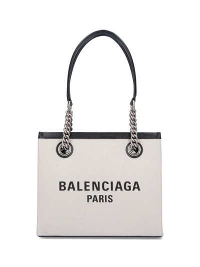 Balenciaga Paris Logo Printed Squared Small Tote Bag In Beige