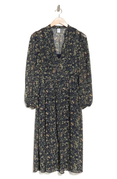 Melrose And Market Floral Long Sleeve Chiffon Midi Dress In Navy- Olive Autumn Ditsy