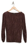 Renee C Plissé Long Puff Sleeve Top In Brown