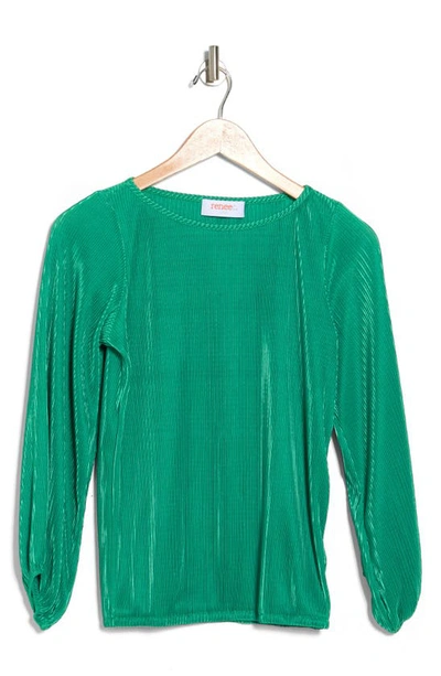 Renee C Plissé Long Puff Sleeve Top In Emerald Green