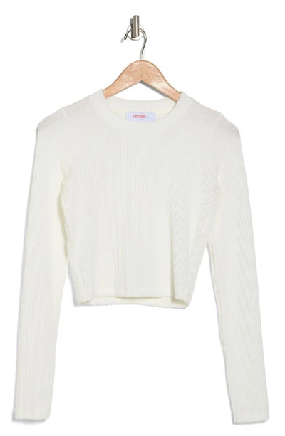 Renee C Long Sleeve Ribbed Crop Top In Ivory