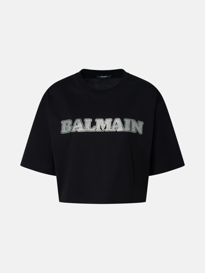 Balmain T-shirt Crop Logo Strass In Black