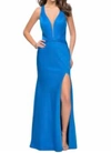 La Femme Sleeveless Maxi Plunging Neckline In Ocean Blue In Blue