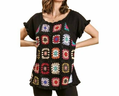 Umgee Linen Top With Colorful Crochet Patches In Black