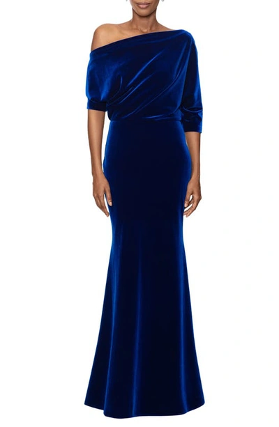 Betsy & Adam Drape One-shoulder Velvet Gown In Sapphire