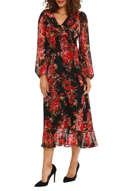 Maggy London Floral Long Sleeve Tiered Faux Wrap Midi Dress In Black/ Red