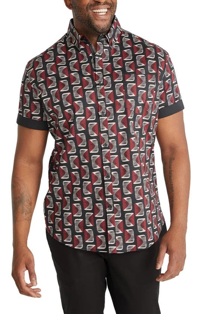 Johnny Bigg Reid Geometric Print Stretch Short Sleeve Button-down Shirt In Burgundy