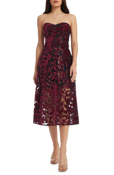 Dress The Population Sadie Floral Sequin Strapless A-line Dress In Burgundy-black