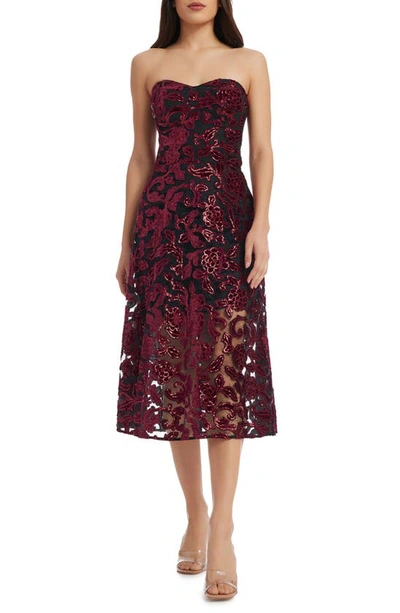 Dress The Population Sadie Floral Sequin Strapless A-line Dress In Burgundy