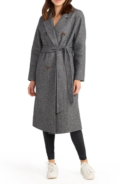 Belle & Bloom Standing Still Belted Double Breasted Wool Blend Coat In Charcoal