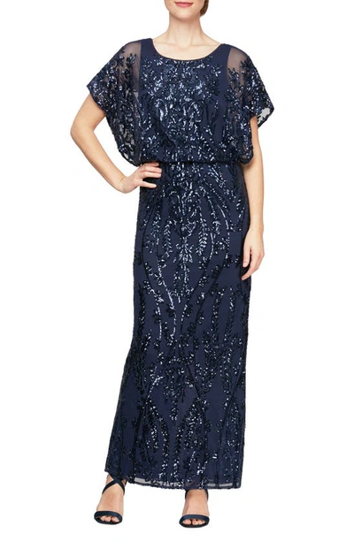 Alex Evenings Sequin Column Gown In Navy