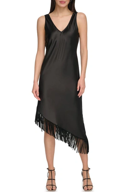 Dkny Fringe Satin Slipdress In Black