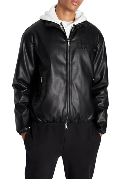 Emporio Armani Logo Embroidery Faux Leather Jacket In Black