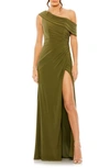 Ieena For Mac Duggal Ruched One-shoulder Trumpet Gown In Olive