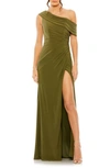 Mac Duggal Ruched One-shoulder Trumpet Gown In Olive