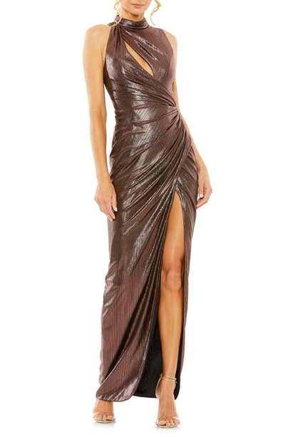 Mac Duggal High Neck Sleeveless Cut-out Metallic Gown In Brown