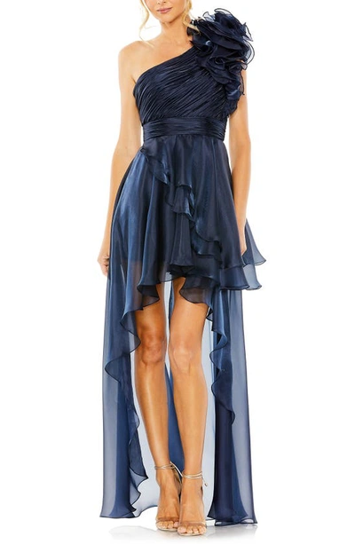 Mac Duggal Rosette One-shoulder High-low Gown In Midnight