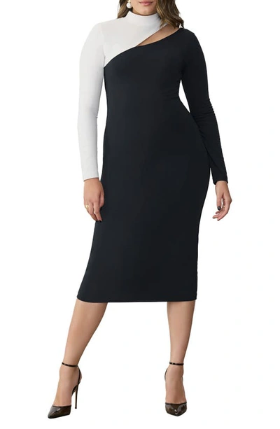 Gstq Downtown Colorblock Cutout Long Sleeve Body-con Dress In Black And White