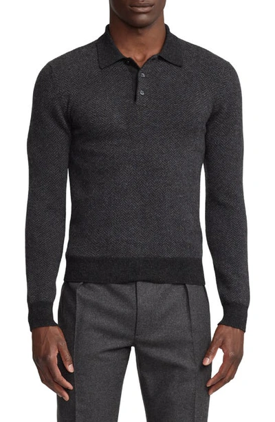 Ralph Lauren Purple Label Men's Herringbone Cashmere Polo-collar Sweater In Charcoal Multi