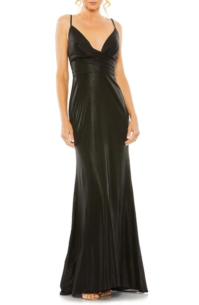 Mac Duggal Shimmer Metallic Faux Wrap Gown In Black