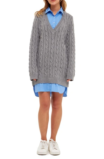 English Factory Mixed Media Cable Stitch Long Sleeve Jumper Dress In Grey/oxford Blue