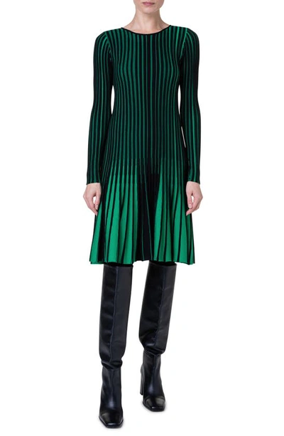 Akris Punto Contrast Ribbed Merino Wool Knit Short Dress In Black Green