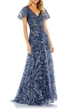 MAC DUGGAL EMBROIDERED EMBELLISHED FLUTTER SLEEVE GOWN