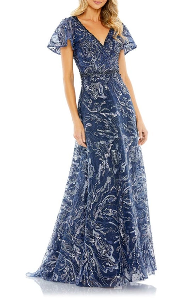 Mac Duggal Embroidered Embellished Flutter Sleeve Gown In Navy