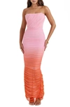 House Of Cb Gradient Color Strapless Ruched Mesh Gown In Gradient Pink To Orange