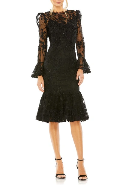 Mac Duggal Embroidered Ruffle Long Sleeve Cocktail Dress In Black