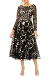 Mac Duggal Embroidered Wrap Over Illusion Sleeve Midi Dress In Black