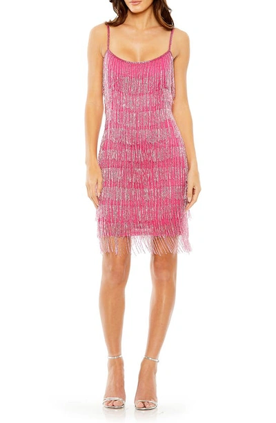 Mac Duggal Beaded Fringe Cocktail Minidress In Hot Pink