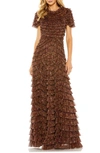 Mac Duggal Ruffle Tiered High Neck Dress In Brown Multi
